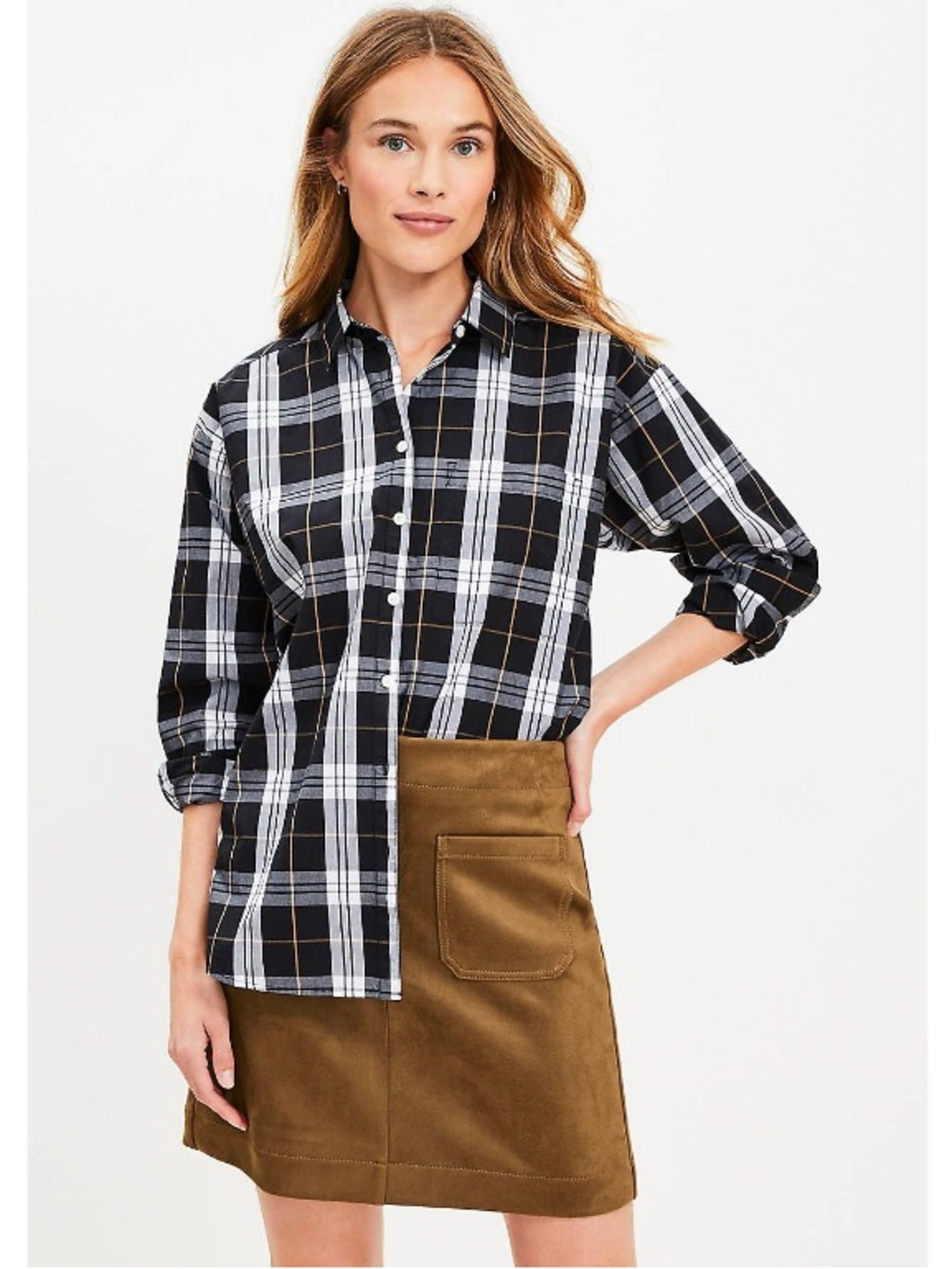 NWOT Ann Taylor LOFT Everyday Tartan Plaid Oversize Button-Up Poplin Shirt Black